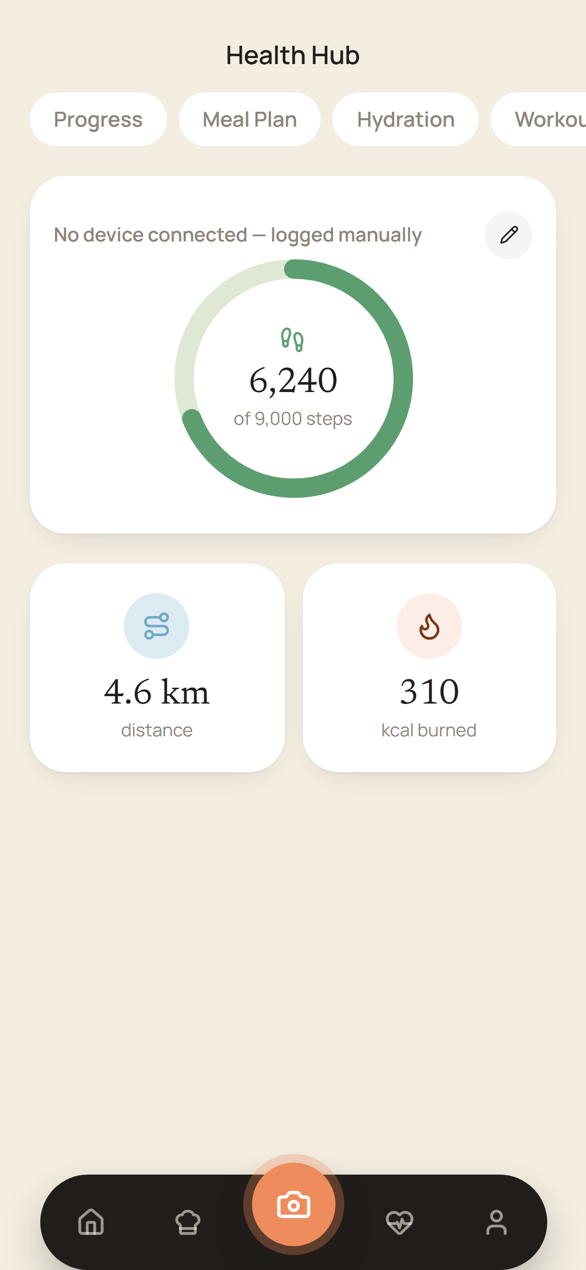 Daily activity screen in the Nourish app