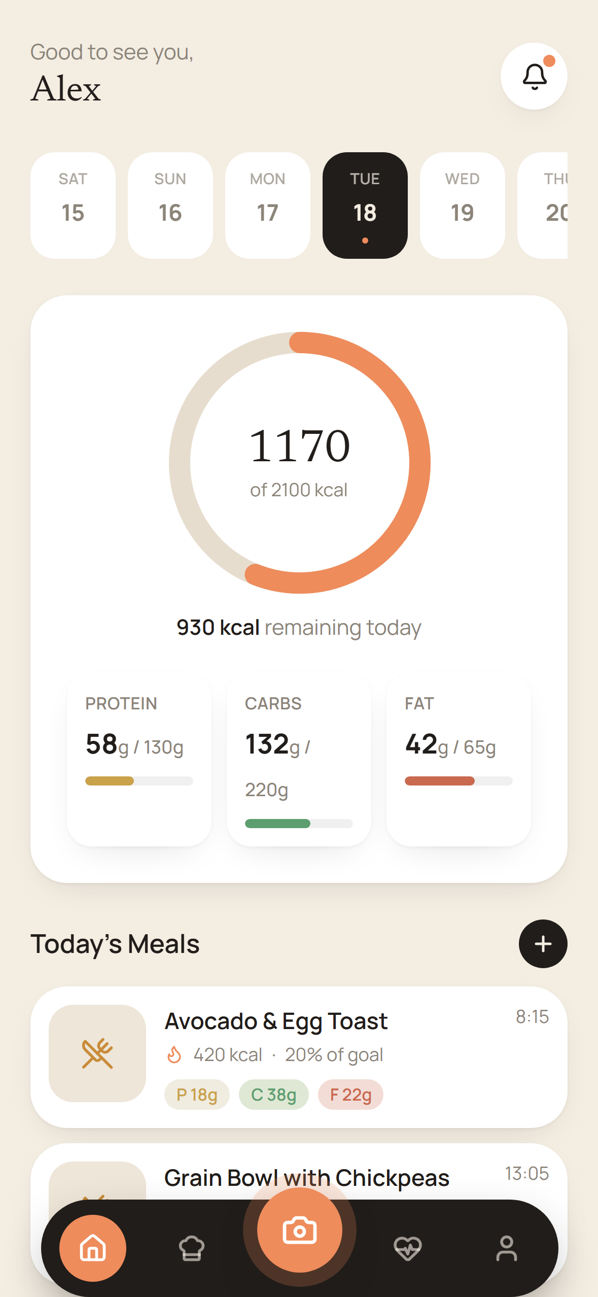 Logged meal on the Nourish dashboard