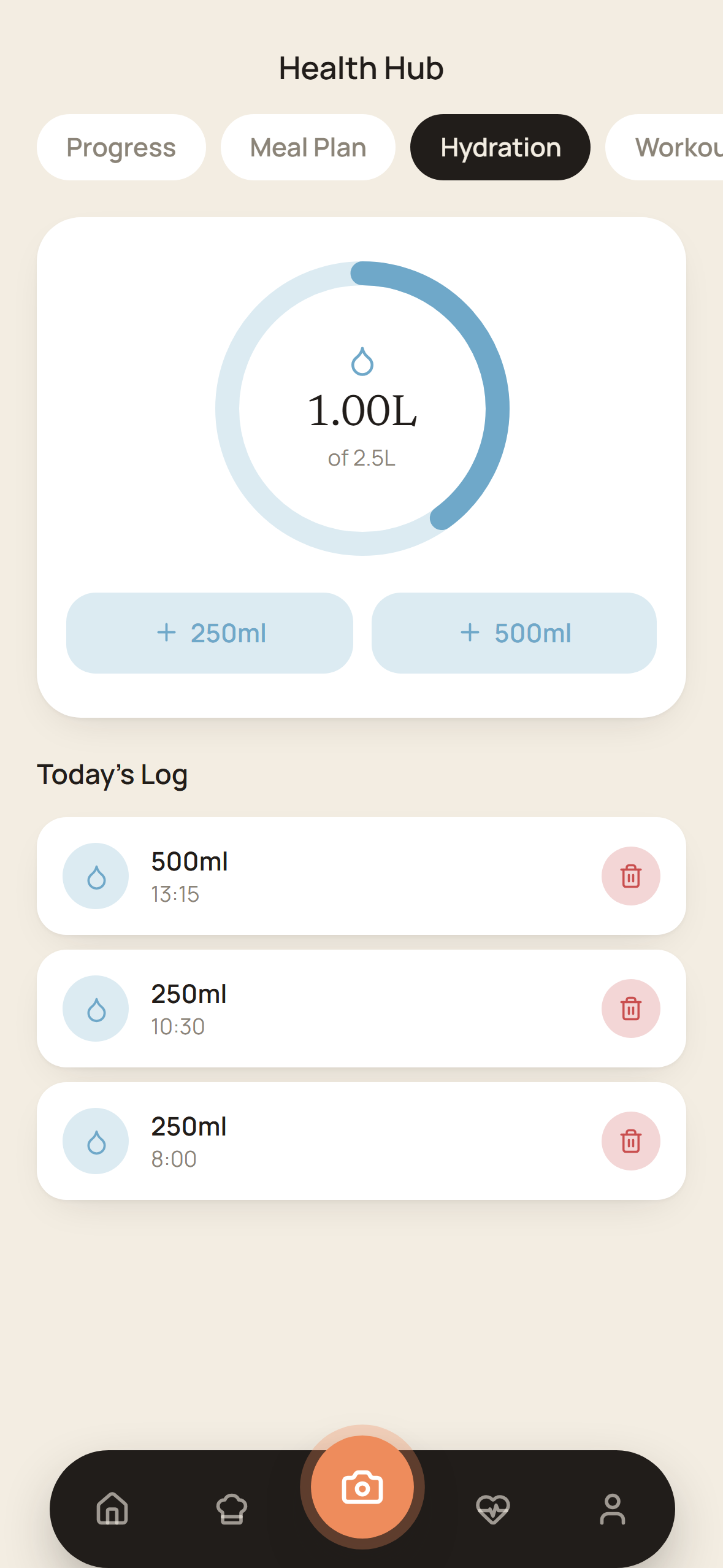 Hydration tracking screen in the Nourish app