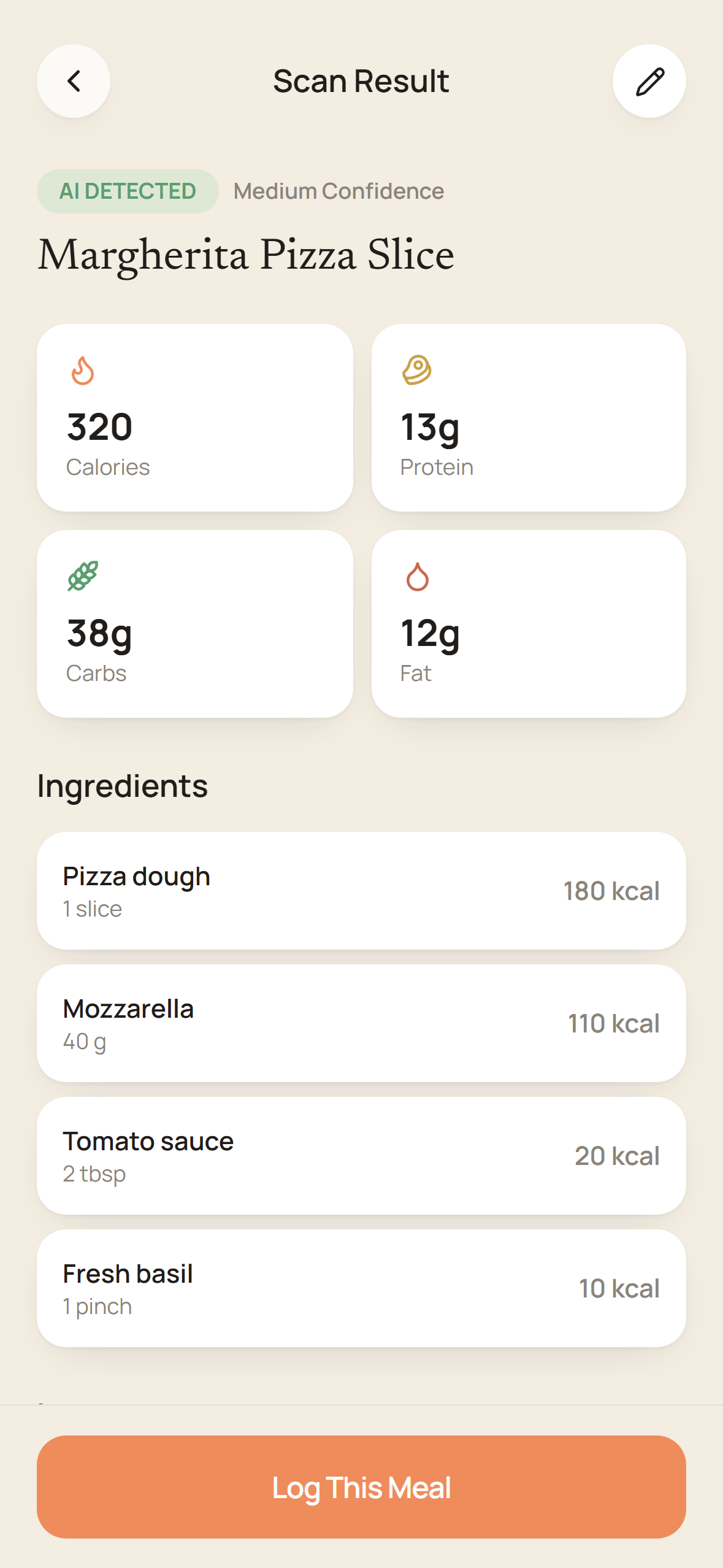 AI-detected meal breakdown in the Nourish app