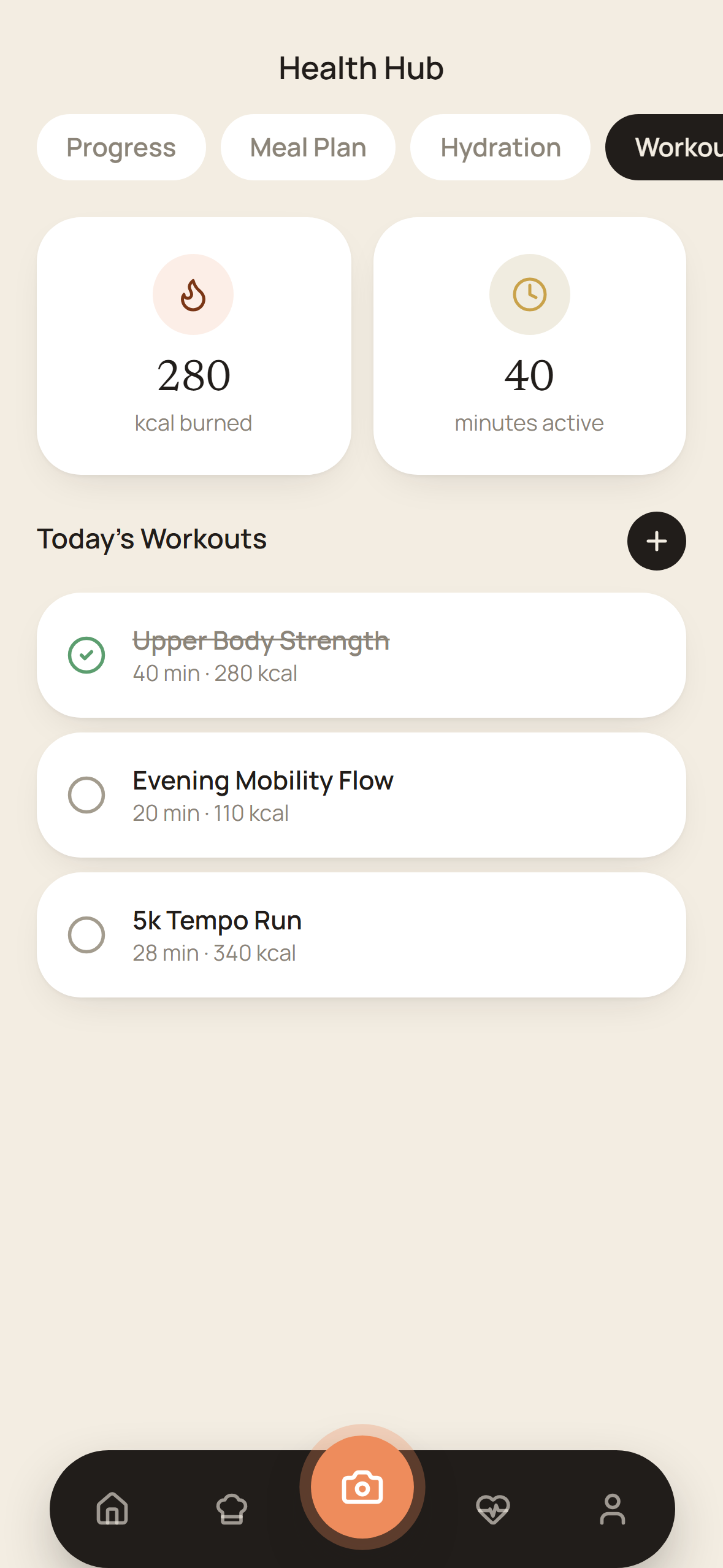 Workout log screen in the Nourish app